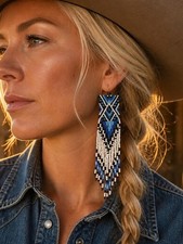 Western Blue Fringe Earrings Boho Tribal Cowgirl Beaded Statement Tassel New