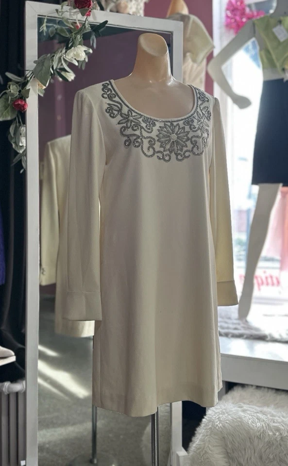 Vintage 90s Doss 60s Shift Dress Sheath Ivory Long Sleeves Cocktail Party S/M - Image 4 of 4