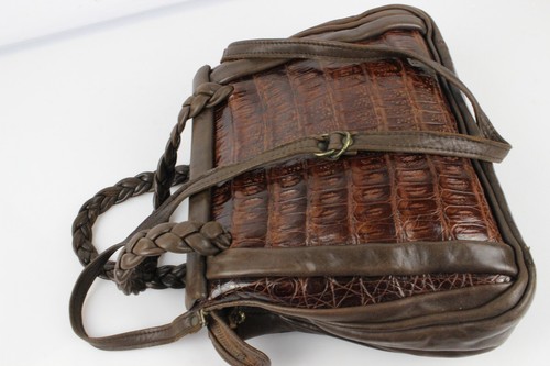 Vintage très beau sac à main forme trapèze en cuir et croco marron LAURAIN Bijou - Bild 8 von 15