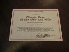 Danbury Mint Certificate of Authenticity Classic Cars of the 30"s & 40's 