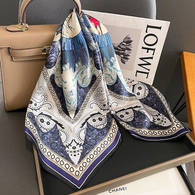 100% Silk Mulberry 26'' Square Scarf Women Neckerchief Wrap Blue White Wave Deer