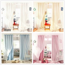 BLOCKOUT EYELET CURTAINS Double Layer Bridal Lace Aqua Pink Beige White princess