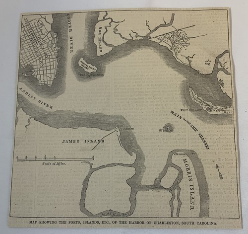 1861 newspaper map ~ HARBOR OF CHARLESTON, SOUTH CAROLINA