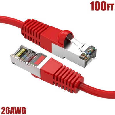 100Ft Cat5E Network Ethernet Modem 26AWG FTP Shielded Patch Molded Cable Red
