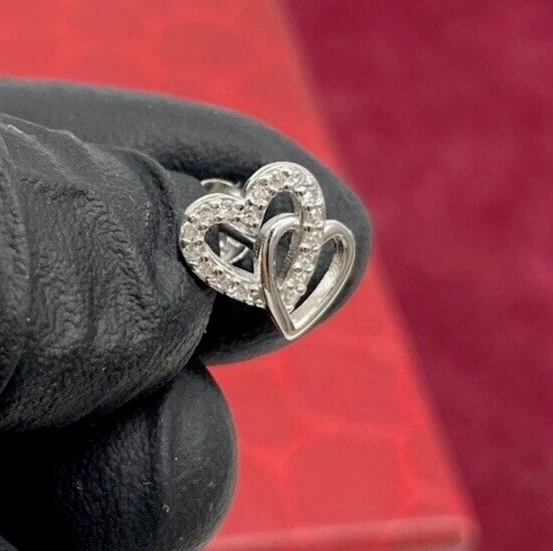 ORECCHINI CUORI DOPPI BRILLNATATI IN ARGENTO 925 RODIATO A BOTTONE RAGAZZA DONNA - Immagine 2 di 4