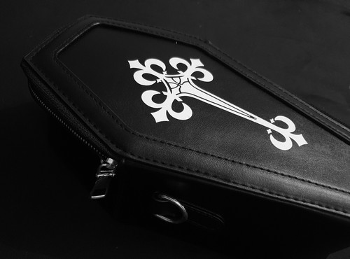 Black Coffin Shaped Gothic Zip & Buckle Chain Crossbody Strap Bag vampire emo - Picture 4 of 7