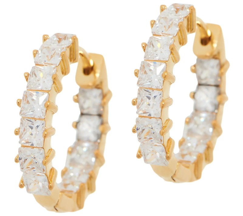 QVC Diamonique 14K Gold Plated Sterling Inside-Out Princess Cut Hoop Earrings