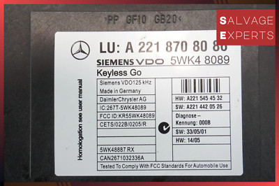 2007-2014 Mercedes W221 S550 CL550 Keyless Go Control Module Unit 2218708086 OEM