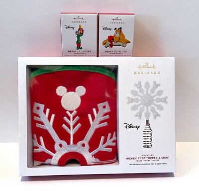 HALLMARK 2021 DISNEY MICKEY MOUSE TREE TOPPER SKIRT SET PLUTO GOOFY ORNAMENTS