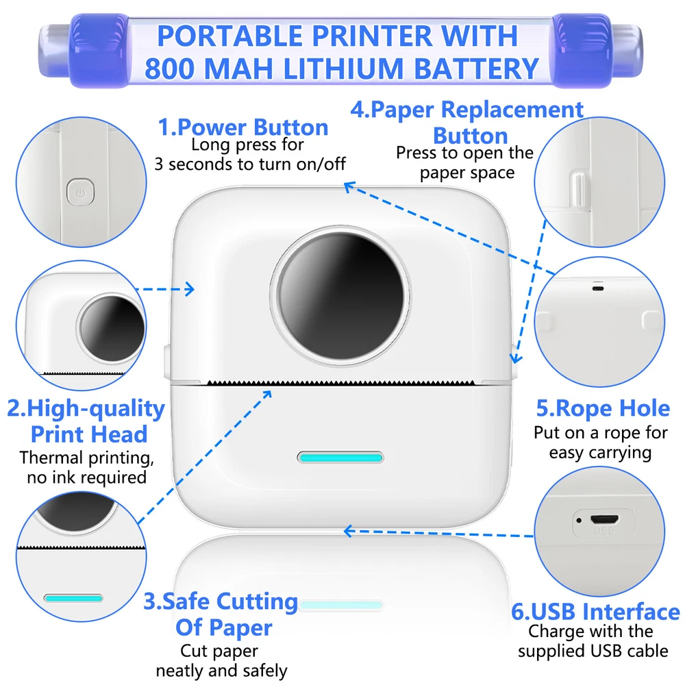 Mini Bluetooth Thermal Printer - Wireless Pocket-Sized Inkless Photo Printing Mini Bluetooth Thermal Printer - Wireless Pocket-Sized Inkless Photo Printing