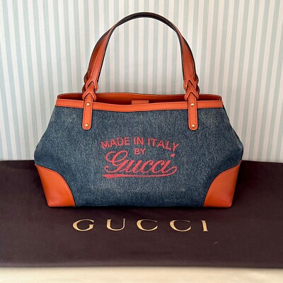 GUCCI Logo Tote Craft Handbags Leather denim Bag Navy blue Brown 348715