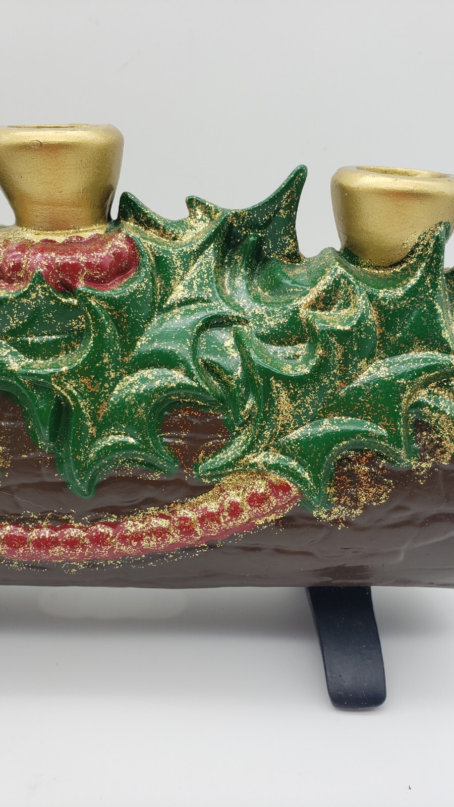 Vintage Atlantic Mold Christmas Yule Log Candle Holder Holly Berries