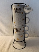 American Atelier Ceramic (4) 14 oz Stackable Mugs & Metal Rack Set, Bee Set