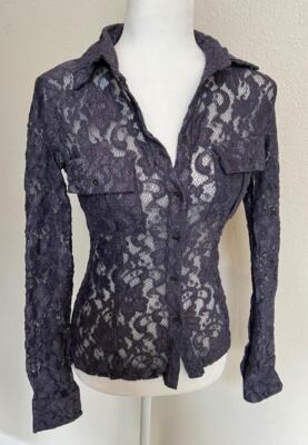 PARASUCO womens XS blue lace collared l/s blouse top sexy button front
