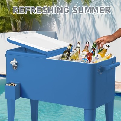 Rolling Ice Cooler Cart 80 QT Chest Patio for Party Bar Drink with Wheel, Shelf