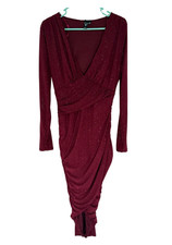 Windsor Sparkle Ruched Wine Long Sleeve Faux Wrap Dress Size Large