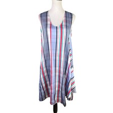Stella McCartney L Red White Blue Plaid Satin Viscose Shift Sleeveless Dress