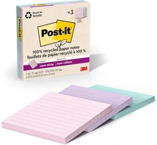 Post-it 100% Recycled Paper Super Sticky 4 Inch x 4 Inch, Wanderlust Pastels 