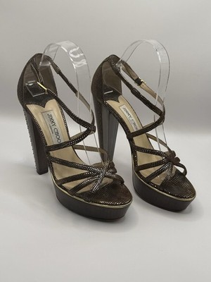 Jimmy Choo Women s Leather Platform Strappy Ankle Strap Sandals Brown/Gold