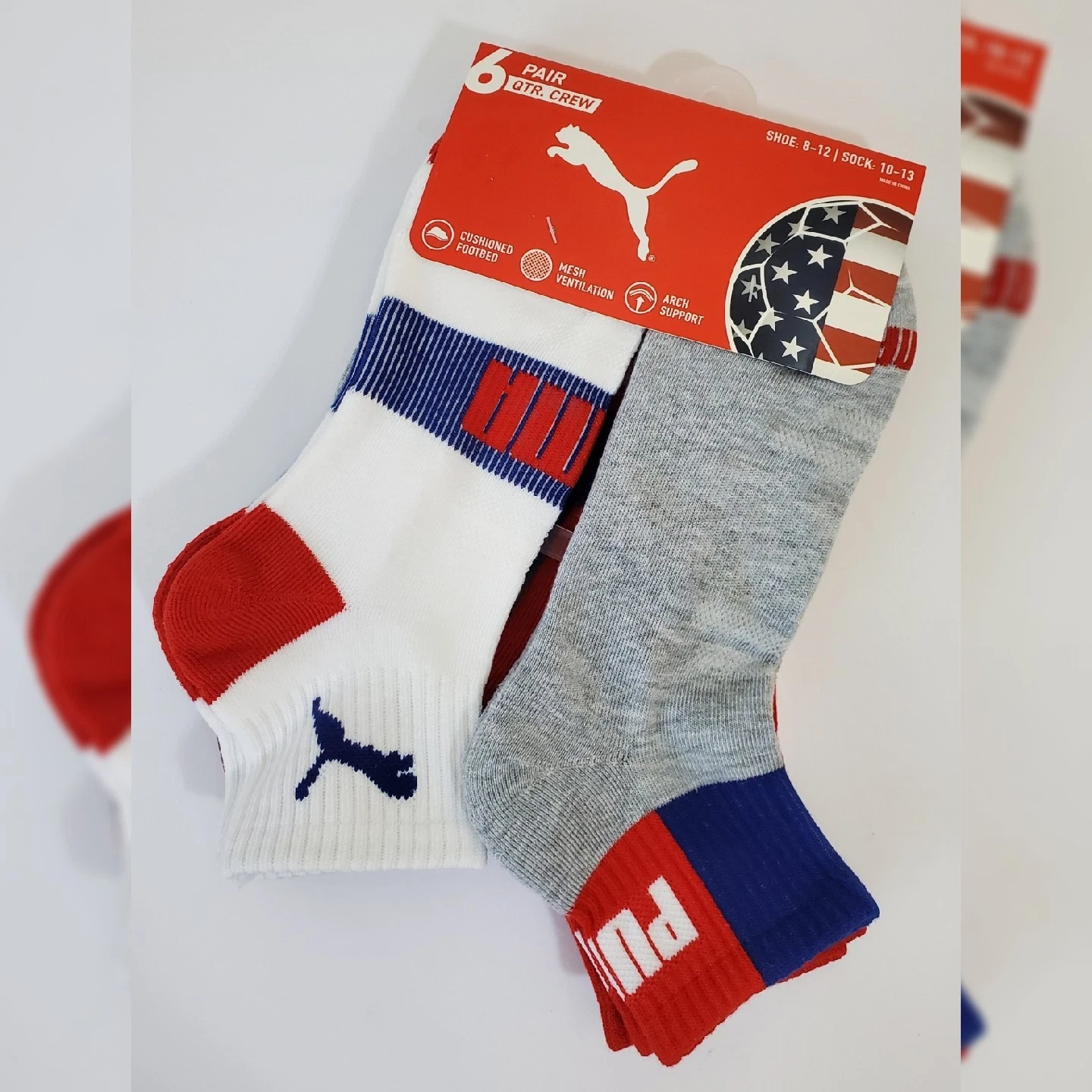 PUMA QUARTER CREW MEN'S SOCKS 6 PAIR SIZE SHOE 8-12 SOCK 10-13 USA SOCCER
