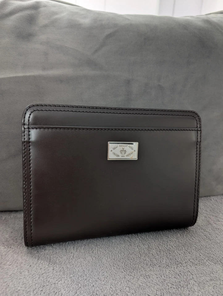 BALLY Hombres Bolso de Mano Cuero Marrón Organizador con Cremallera Bolso sin asas Cartera Bolsa Viaje Foto 2 de 4