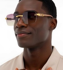 Rimless Gold Frame Rectangle Men Vintage Woodgrain Shades 90s Old School Classy