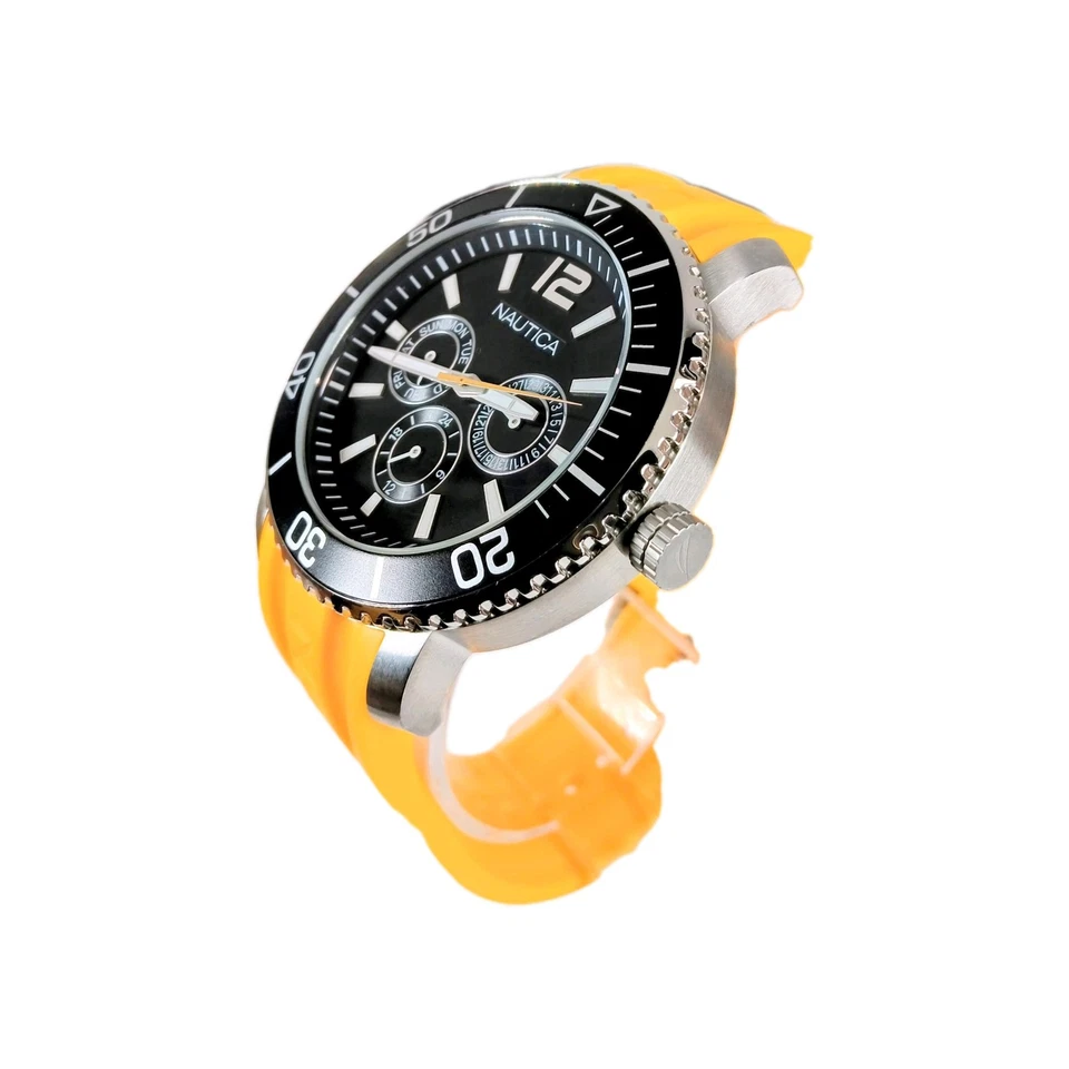 Reloj Nautica 45MM esfera negra con correa de silicona amarilla bisel giratorio Nuevo de Lote Antiguo Foto 3 de 4