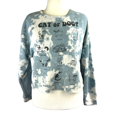 Grayson Social Crop Sweatshirt Large Blue Bleach Dye Zodiac Cat Dog Astrology
