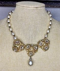 Vintage Retro 1950's Miriam Haskell Faux Pearl Gold Tone Flower Necklace