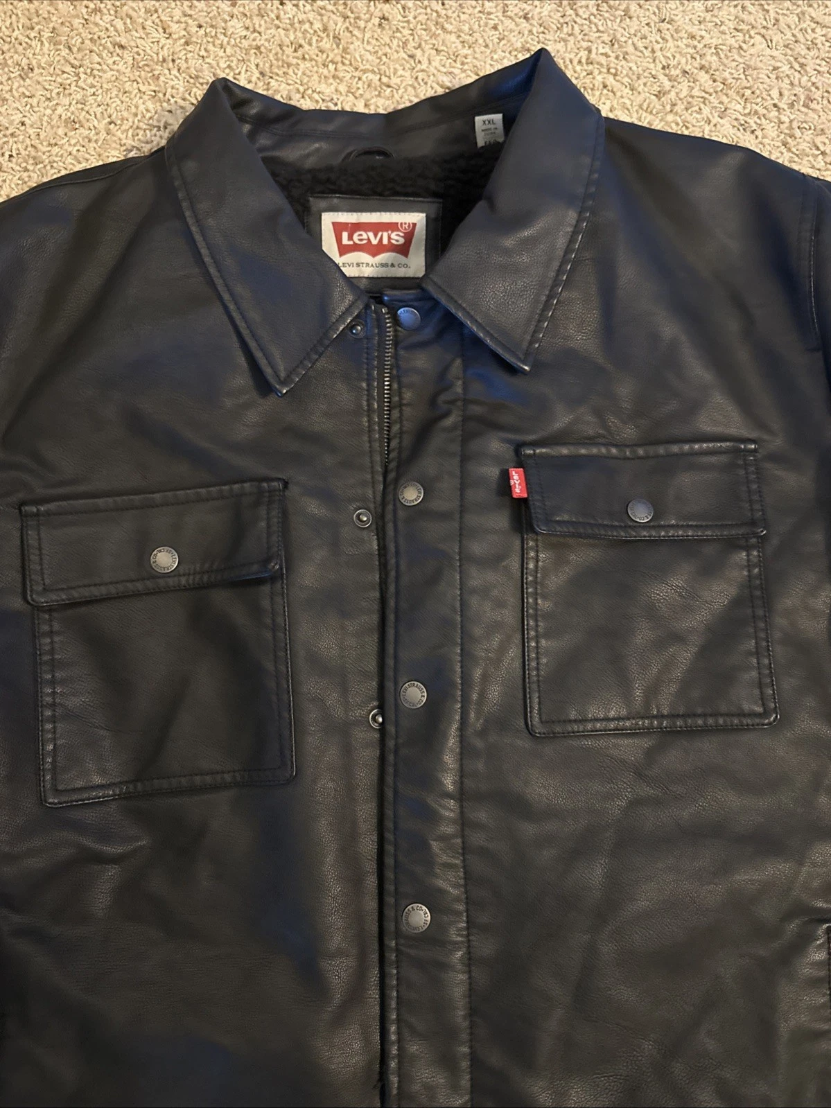 Levi's New Mens Black Faux Leather Sherpa Lined Trucker Jacket, XXL