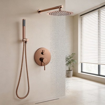 8'' Rose Gold Rainfall Shower Faucet Set Round Head Wall Mounted Mixer Brass Tap