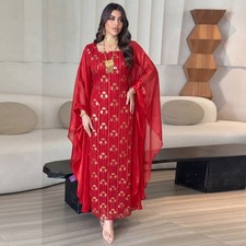 Women's Elegant Embroidery Batwing Sleeve Abaya Muslim Kaftan Prom Long Dress