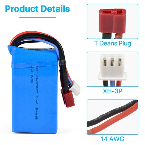 2x Batería Lipo 7.4V 1500mAh 25C para Coches RC WLtoys A959-B/A969-B/A979-B/144001 - Imagen 5 de 7