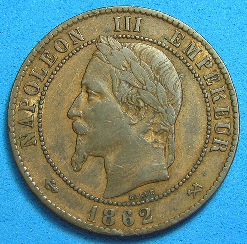 France 10 Centimes Bronze Coin 1862 K, Free Shipping for Additional Purchases