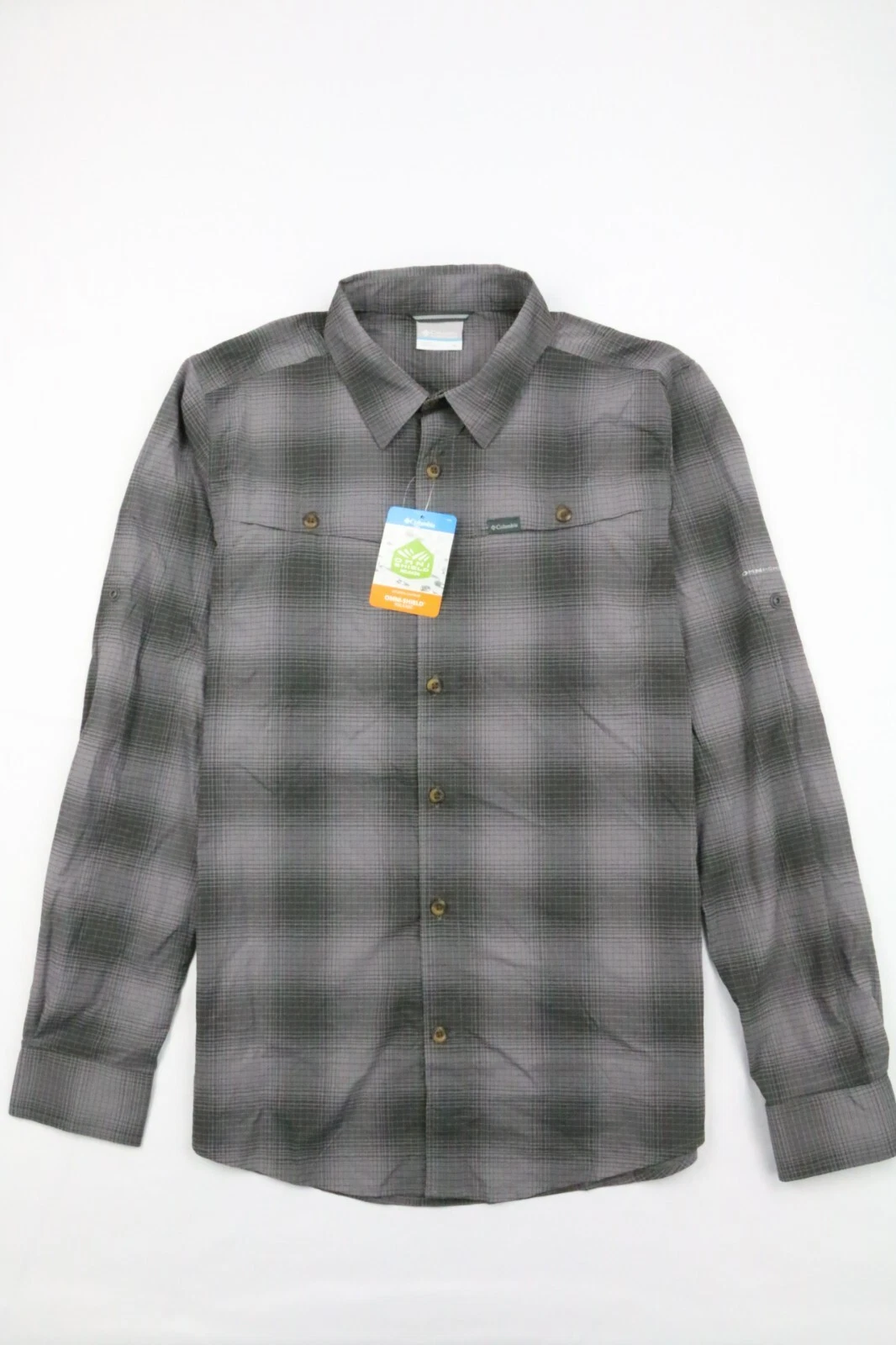 Columbia Mens Newton Ridege II Plaid Roll Up Long Sleeve Shirt Grey Back Vent M