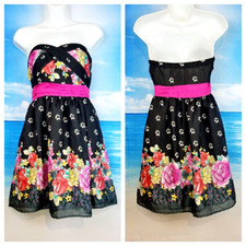TCEC Womans STRAPELESS Sun Dress BLACK FLORAL Lightweight LINED Side Zip size S