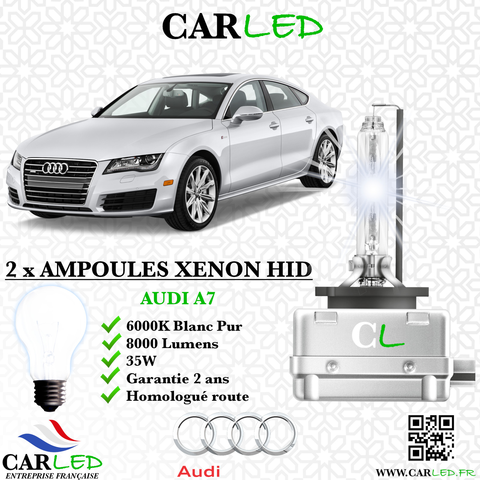 Kit Ampoule HID Xénon CARLED Prestige Éclairage Premium 6000K 8000lm Audi A7 Sportback
