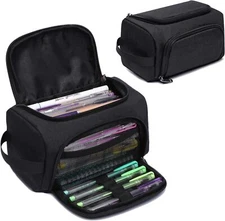 Large Capacity Pencil Case – Black Fabric Pen Pouch with Compartments for Trav