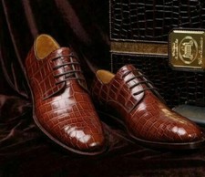 Handmade brown leather crocodile derby lace up men, Men brown lace up shoes 7-17