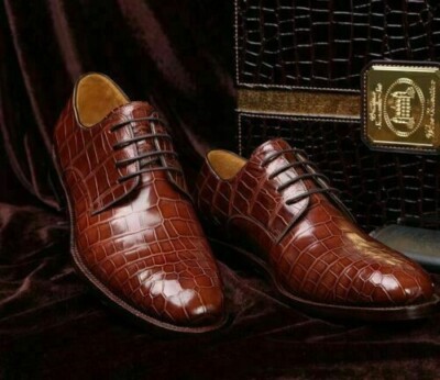 Handmade brown leather crocodile derby lace up men, Men brown lace up shoes 7-17