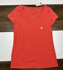 Attention Womens Medium Pink Orange Short Sleeve Shirt V-Neck Top M MED NWT