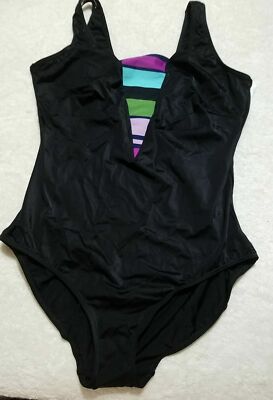 Bon Prix Collection Womens Swimsuit Size 16 Black Stripes Stretch One Piece Pool