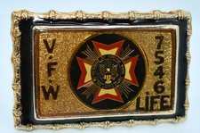 V.F.W. Veterans of Foreign Wars Belt Buckle Gold Black LIFE VFW Vintage