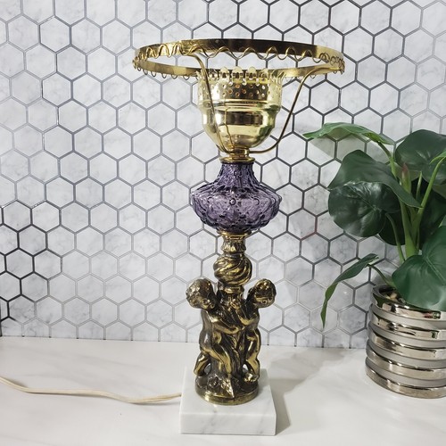 Vintage Gold Tone Cherub Amethyst Art Glass Table Lamp No Shade Works
