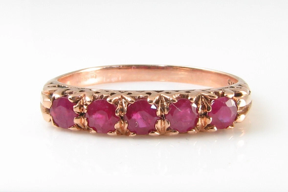 Anillo Eternity 9ct Oro Rosa Ruby Natural Redondo 5 Gemas Ajustable