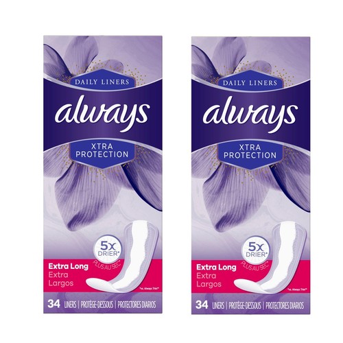 Always Xtra Protection Daily Liners Extra Long Unscented 34 Count Pack of 2