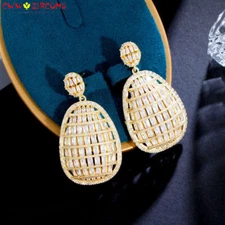 Gorgeous Yellow Gold Plated CZ Fiancee Crystal Baguette Long Dangle Drop Earring