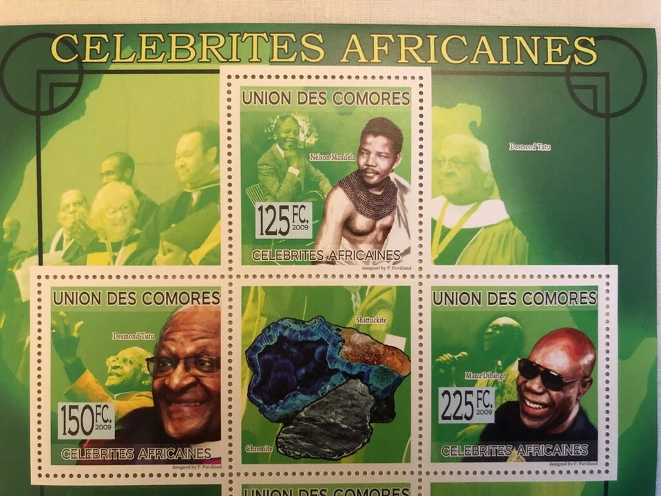 Collectors Sheet of 6 stamps from Comores African Celebrities featuring Mandela  - Image 2 of 3