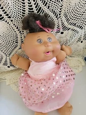 Cabbage Patch Kids CPK 2015 Baby Girl W PinK dress Doll Black Hair  Eyes 13.5"