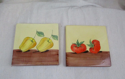 2 Crate & Barrel 7 x 7 Decorative Tile Trivets Hand painted Tomatoes Peppers